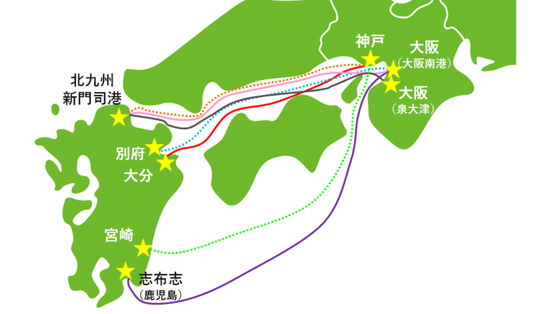 関西から九州へ上陸する航路（ルート）